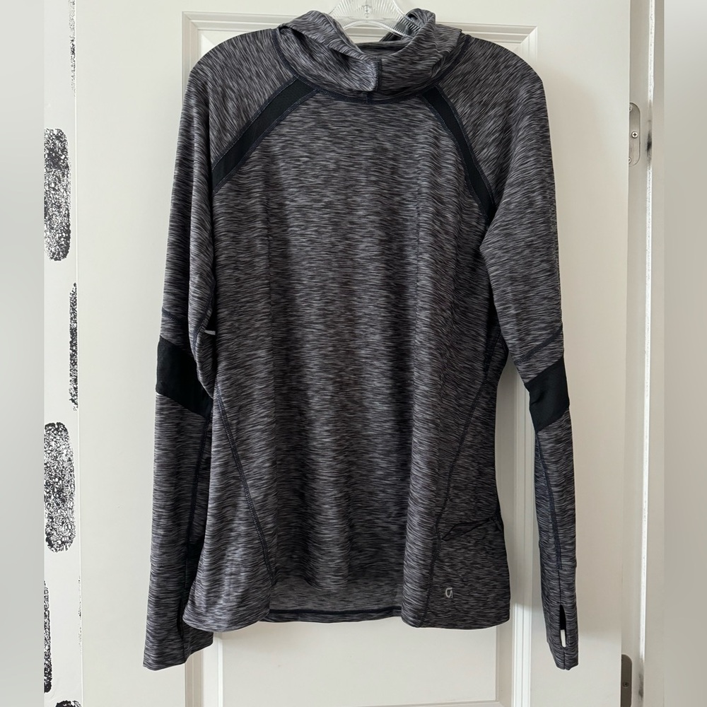 Gap fit brushed tech gray workout top. Size L. Like new! Thumb holes and hood!